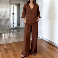 Women's V-neck Short-Sleeve Top And Wide-Leg Pants Casual Set
