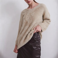 Womens Solid-Colored Long-Sleeve V-Neck Faux Mink Velvet Knit Sweater