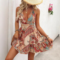 Printed Lace-Up Backless Holiday Beach Slip Dress