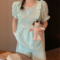 Women's Fashionable Cotton Gauze Plaid Ruffle Short-sleeved Loungewear