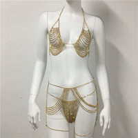Sexy Hollow Body Chain Set With Diamond Chest Chain
