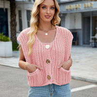 Women's V-neck Three-button Sleeveless Cardigan