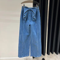 Women's Bow High Waist Jeans Wide-leg Straight Trousers