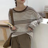 Narrow-striped Cozy Pullover Long-sleeve Knit Sweater For Women Loose-fit Round-neck Versatile Top