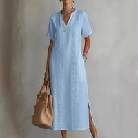 Women's Retro Hollow-Out Lace V-Neck Cotton-Linen Dress