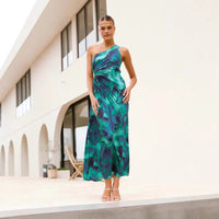 Sexy Oblique Shoulder Sleeveless One-shoulder Printed Pleated Dress