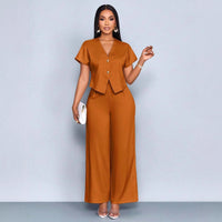 Short-sleeve V-neck Irregular Cardigan And Straight-leg Wide-leg Pants Set
