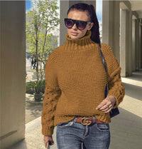 Loose Cable-knit Solid Color Turtleneck Sweater For Women