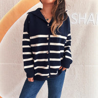 Fashion Loose Button Casual Contrast Color Striped Knitted Sweater