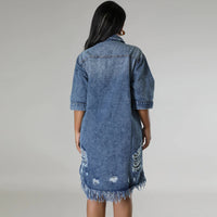 Denim Ripped Fringe Short-Sleeve Lapel Dress