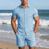 Men's Casual Button-up Short-sleeve Top And Shorts Two-piece Set