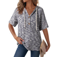 Womens Waffle-Weave Buttoned V-Neck Hoodie With Drawstring