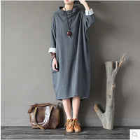 Loose-fitting Hooded Robe-style Dress With Fleece-lined Cotton-linen Fabric