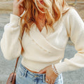 Beige Ribbed Long Sleeve Surplice Crop Sweater