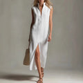 Sleeveless Zippered Stand Collar Fashionable Slit Casual Dress