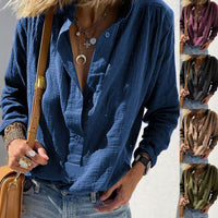 Casual Loose And Stylish Long Sleeves Cotton And Linen Solid Color Retro Button Pullover Shirt
