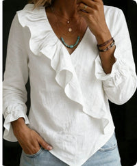 Womens Solid-Color V-Neck Casual Top With Ruffle Long Sleeves