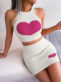 Women  Casual Color Block Heart Cropped Top & Bodycon Skirt Knit Set