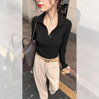 Khaki Polo-neck Fitted Womens Knit Top