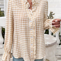 Women's French-style Plaid Shirt With Wooden Ears