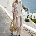 Round Neck Striped Short Sleeve Cotton And Linen Top Casual Pants Women's 2-piece Set