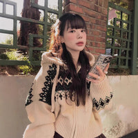 European Style Contrast Color Fair Island Jacquard Loose-fitting Long Sleeve Hoodie Sweater Coat