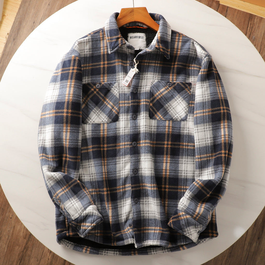 Autumn And Winter Fleece-lined Warm Composite Lambswool Plaid Shirt Cotton-padded Coat