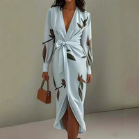 V-neck Long-sleeve Lace-up Printed Maxi Dress