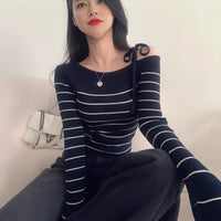 Casual Diagonal Collar Off-the-shoulder Strap Striped Color Matching Sweater Top