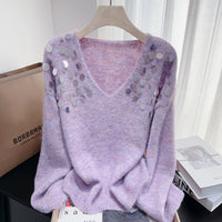 Heavy Embroidery Sequins Diamond V Neck Pullover Lazy Sweater