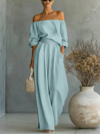 Casual Two-Piece Womens Outfit Off-Shoulder Top And Wide-Leg Pants Set