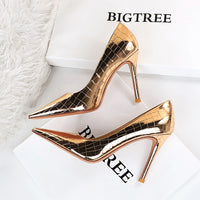 High Heels Metal Stone Pattern Stiletto Heel Low-cut Pointed-toe Shoes