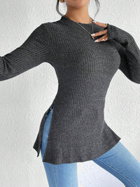 Slim-fit Sunken Stripe Brushed Round Neck Hem Rib Knitted T-shirt