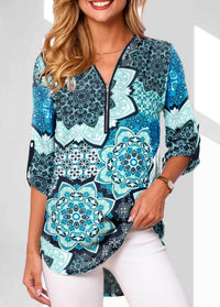 V-neck Zipper Long Sleeve Rollable Sleeves Loose Shirt