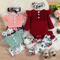 Sunken Stripe Long-sleeved Triangle Romper Flower Print Trousers Baby Girl Children's Suit