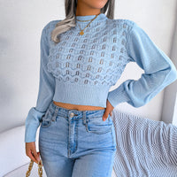 Women Street Style Solid Color Hollow Stripe Lantern Sleeve Cropped Sweater