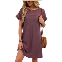 Solid-color Crewneck Lace-panel Loose-fit Short-sleeve Dress