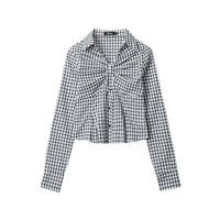 Plaid Pleated Design Shirt Womens Short Slim-Fit Long-Sleeve Top In A Sassy Style