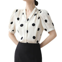 French-style Retro Polka-Dot V-Neck Short-Sleeve Womens Shirt