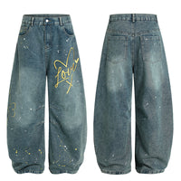 Niche American Retro Splash-ink Embroidered Machete Jeans