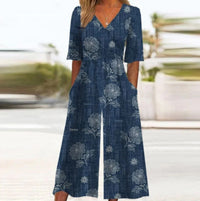 Summer Elegant V-Neck Jumpsuit With Three-Quarter Sleeves And Wide Legs