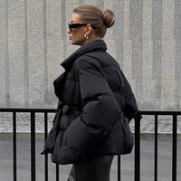 Waist-controlled Lace-up Lapel Long Sleeve Cotton Jacket