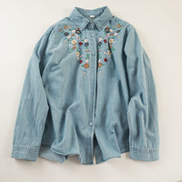 Embroidered Washed Denim Long-Sleeve Shirt Womens Single-Breasted Top
