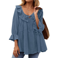 Round Neck Tied Front Dart Multi-layer Loose Waist Shirt
