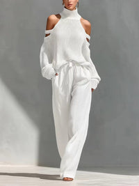 Womens Long-Sleeve Turtleneck Top And Pants Two-Piece Set