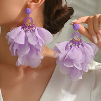Bohemian Handmade Fabric Chiffon Flower Dangle Earrings For Women Tropical Beach Vacation Party Oversized Statement Jewelry