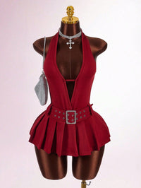 Deep-V Pleated Mini Dress For Women