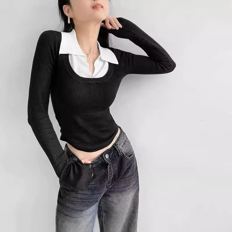 Women's Fashion Stitching Contrast Color Lapels Knitwear