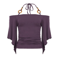 Retro Striped Off-Shoulder Flare-Sleeve T-Shirt