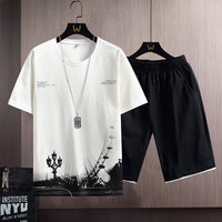 New Cotton Men's Casual Sports Loose Shorts Round Neck T-shirt Suit